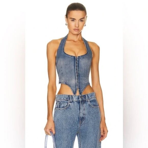 Miaou Denim Halter Top Denim Vest Miaou Dani Halter Crop Top Corset - Picture 5 of 11